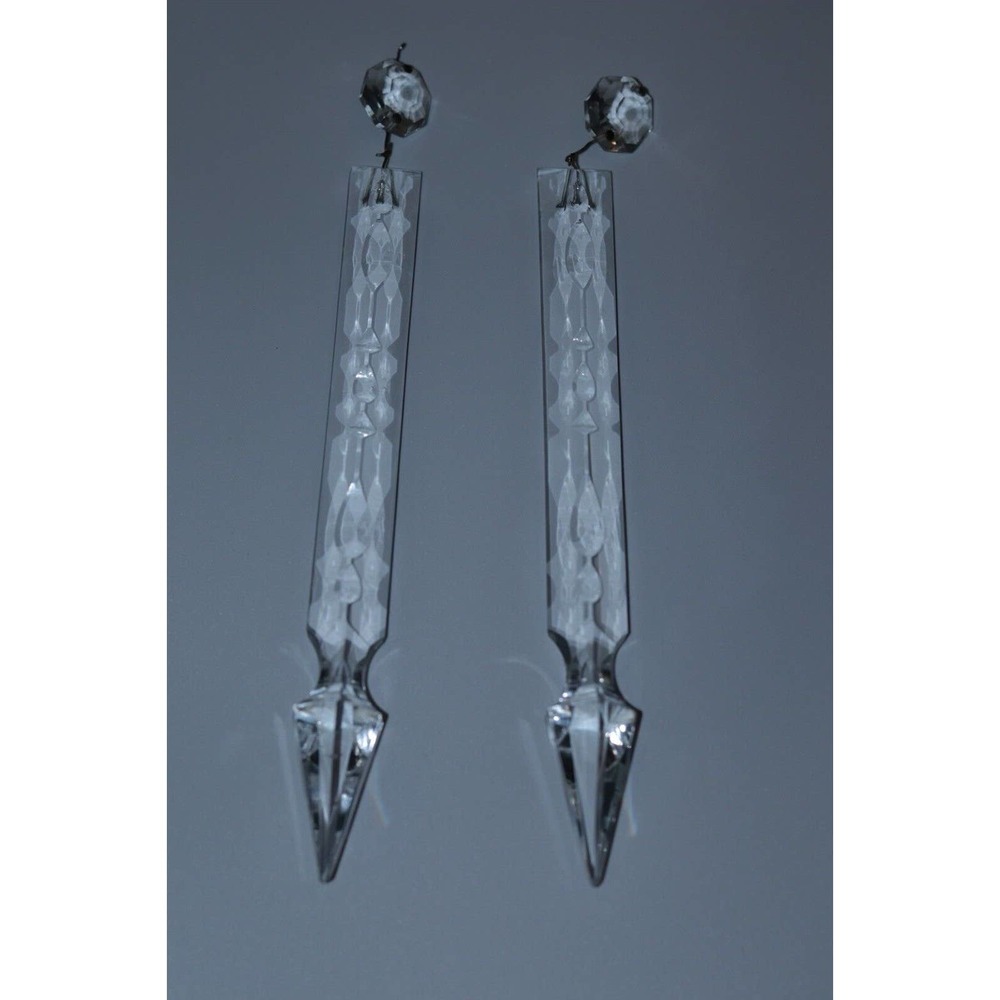 2 Cut Crystal Spear Point Prism Hanging Mantle Lustre Candle Holder 9” Vintage